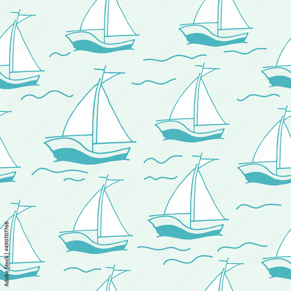 seamless pattern with sailboat illustration on blue background. hand drawn vector. marine life. doodle art for wallpaper, wrapping paper and gift, backdrop, baby clothes, fabric, textile, backdrop. 