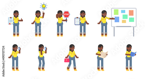 Set of businesswoman characters in various situations. Woman holding document, clipboard, stop sign, talking on phone, running, reading and other actions. Modern vector illustration