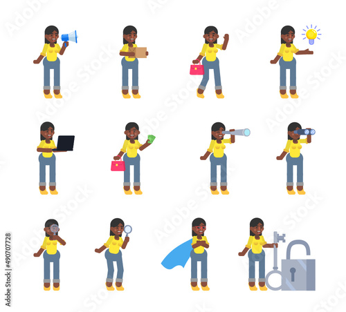 Set of businesswoman characters in various situations. Woman holding loudspeaker, package box, spyglass, magnifier, money and other actions. Modern vector illustration