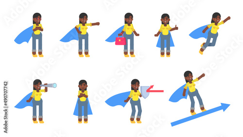 Set of businesswoman characters with super hero cloak in various situations. Modern vector illustration