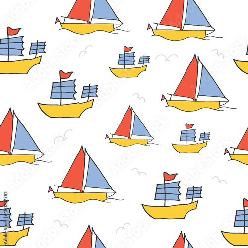 seamless pattern with sailboat illustration on white background. colorful boat for kids. hand drawn vector. doodle art for wallpaper, wrapping paper and gift, backdrop, fabric, textile. marine life. 