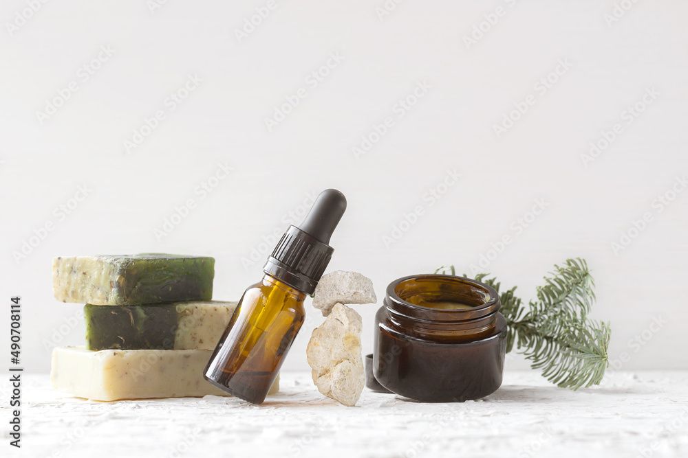 Naklejka premium Eco cosmetic products for skin care of face and body. Natural eco creamy, oil and soap with minerals, vitamins, prebiotics