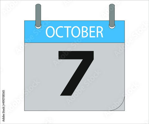 October 7th. Calendar icon. Date day of the month Sunday, Monday, Tuesday, Wednesday, Thursday, Friday, Saturday and Holidays