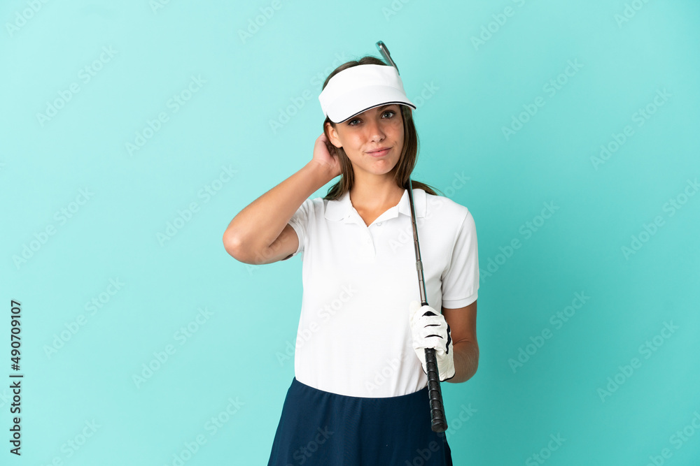 Woman playing golf over isolated blue background having doubts