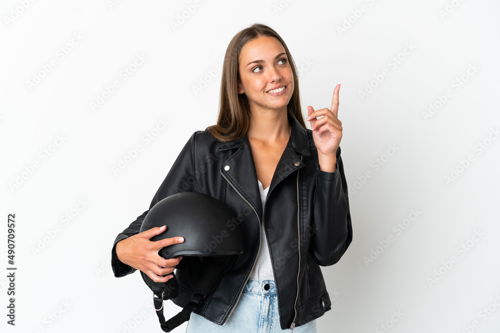 Woman with a motorcycle helmet over isolated white background pointing up a great idea Woman with a motorcycle helmet over isolated white background pointing up a great idea
