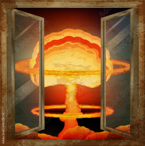 No War poster card, nuclear explosion in an open window, vector illustration