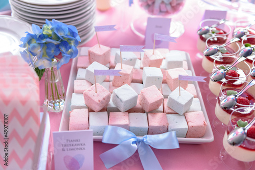 Handmade pastel marshmallows on a candy bar at a wedding party