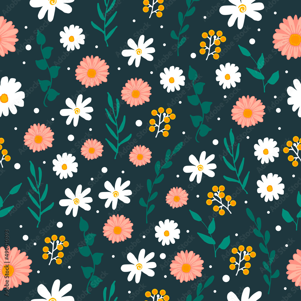 seamless pattern with blooming flower and leaf illustration on dark blue background. white and pink flowers, green leaf. hand drawn vector. doodle art for wallpaper, wrapping paper and gift, fabric.
