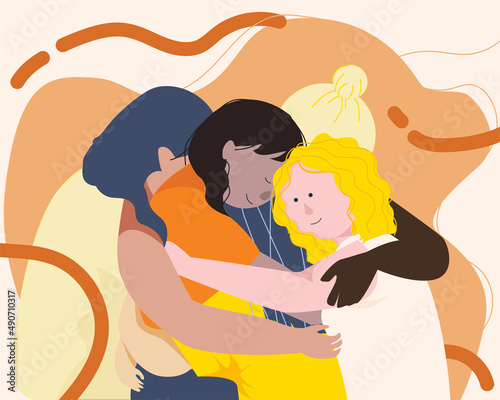 Diverse people standing and embracing each other. character flat vector illustration background