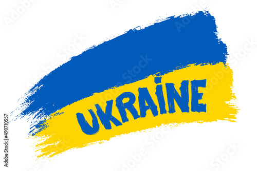 Ukrainian flag with strong strokes and English text Ukraine. Blue and yellow colors of the flag of Ukraine. White background. vector illustration.