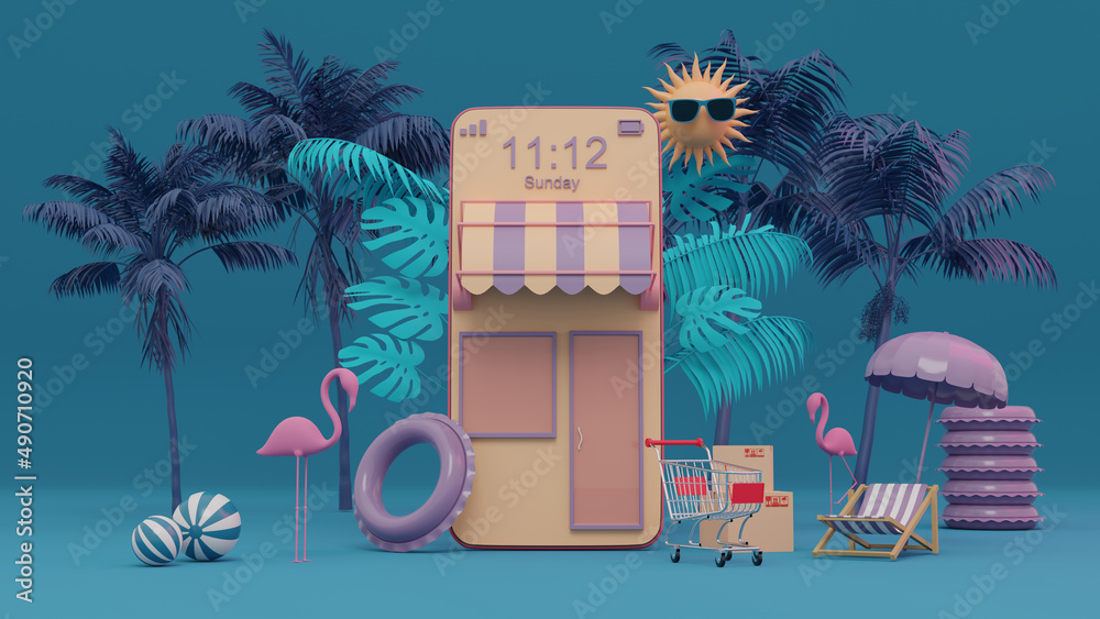 Obraz premium 3d rendering box podium palm leaves with summer background.