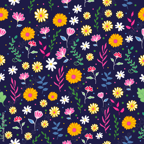 seamless pattern with flower and leaf illustration on dark blue background. colorful flowers and leaves, small shape. hand drawn vector. wallpaper, wrapping paper, fabric, textile. batik motif. 