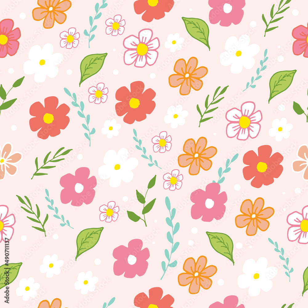 pastel color. seamless pattern with beautiful blooming flower and leaf illustration. pink background. hand drawn vector. doodle art for wallpaper, wrapping paper and gift, backdrop, textile, fabric. 