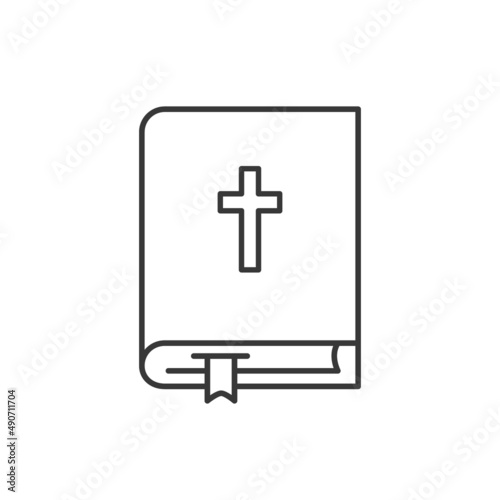 Bible book with holy cross line vector icon. Isolated linear symbol
