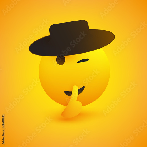 Never Tell! - Winking, Shushing Face with Black Hat Gesturing - Finger on Lips, Make Silence Sign -  Emoticon for Social Media or Instant Messaging App on Yellow Background -Vector Design Illustration