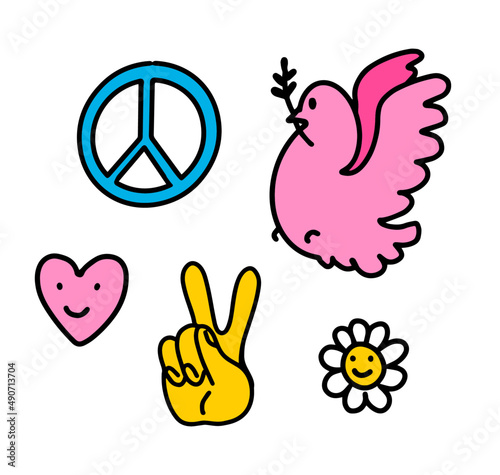 Set of peace signs. Symbols of freedom and goodness. Dove of peace, heart, hand and flower. Hippie elements in 60s-80s style.