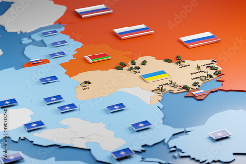 Geopolitics in Eastern Europe. Russian invasion and war in Ukraine. Russian armed forces on Ukrainian territory. 3D rendering. photo