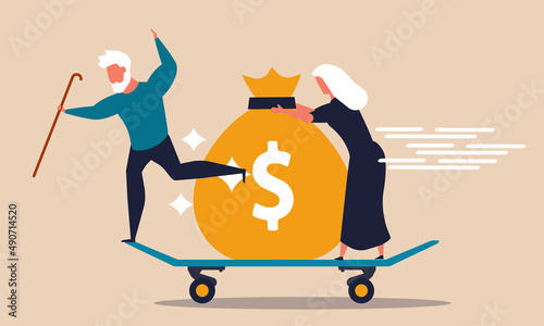 Retirement man and woman on skateboard. Senior age vacation and travel trip on pension vector illustration concept. Elder people life and happy friendship. Active recreation and fun celebration