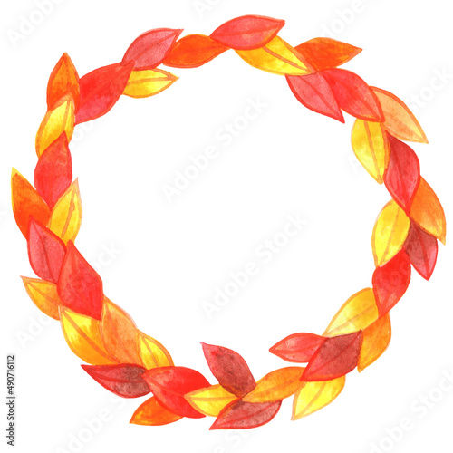 Colorful fall leaves wreath watercolor for decoration on Autumn season,Thanksgiving, Tea leaf and garden.