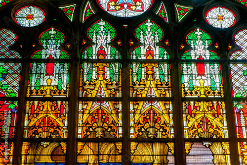 Stained glass decoration inside the Cathedral in Brussels, Belgium.