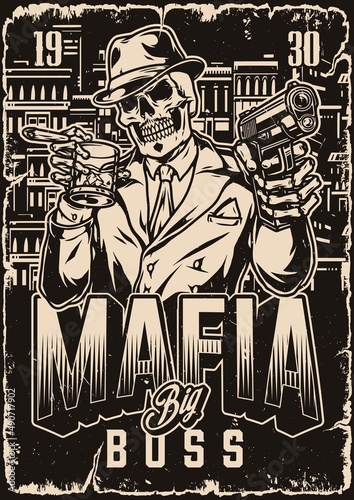 Monochrome mafia poster with skeleton
