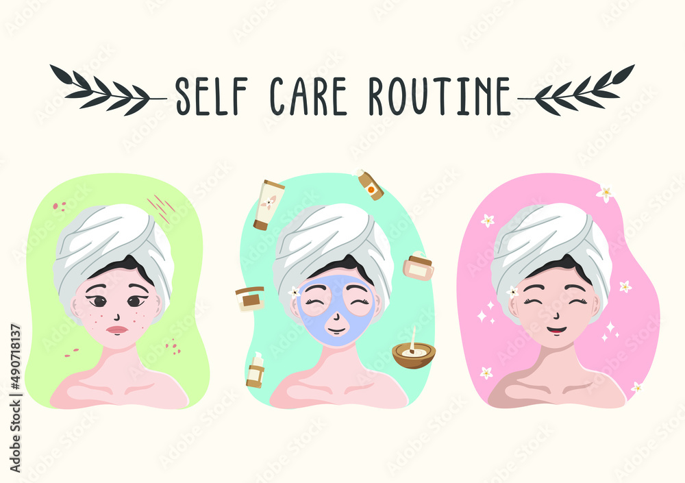 cartoon illustration of young woman self-care routine with skincare ...