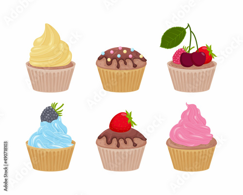 Cakes. A set of different cakes of triangular shape. Cakes decorated with various creams and berries. A collection of sweet desserts. Vector illustration