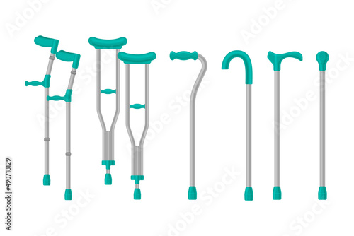 Crutches for people with injuries of the musculoskeletal system. Orthopedic crutches for leg fractures. A collection of medical accessories to help sick people. Vector illustration