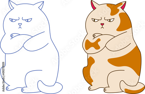 Set of two animal character angry fat cat spotty and outline
