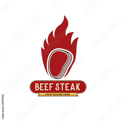 Vintage beef steak and grill restaurant logo design template, steak and grill logo vector. Flame steak logo design templates for meat store, charcuterie, steak, barbecue