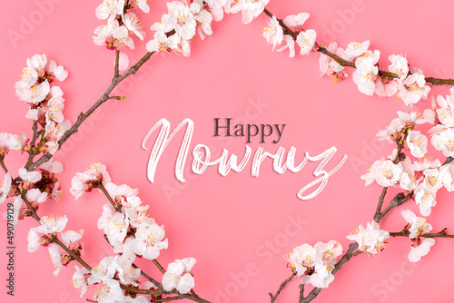 Sprigs of the apricot tree with flowers on pink background Text Happy Nowruz Holiday Concept of spring came Top view Flat lay Hello march, april, may, persian new year photo