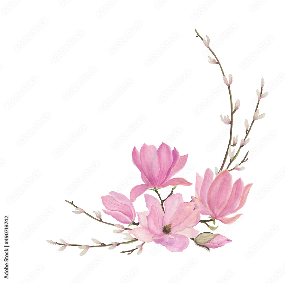 Watercolor painting spring series: magnolia flowers and tree branch with buds. Floral composition