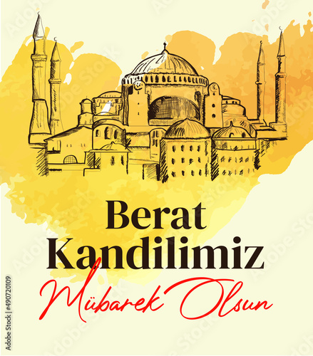 Berat kandilimiz mubarek olsun Translation: islamic holy night, vector, Barat festival vector	 photo