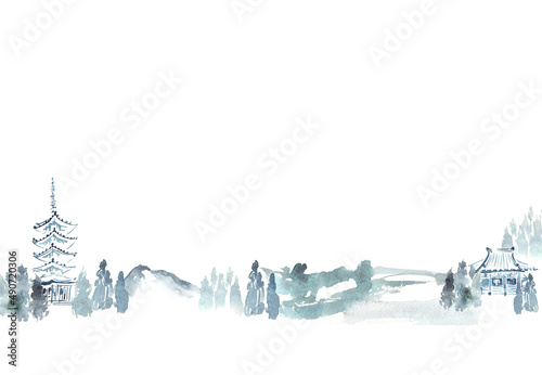 墨で描いたお寺の風景のイラスト