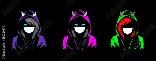 Mysterious man in a hood and mask on a dark background. Made on a urban style in the category of underground street art. Can be used for logo, graffiti, print, avatar. Vector graphics