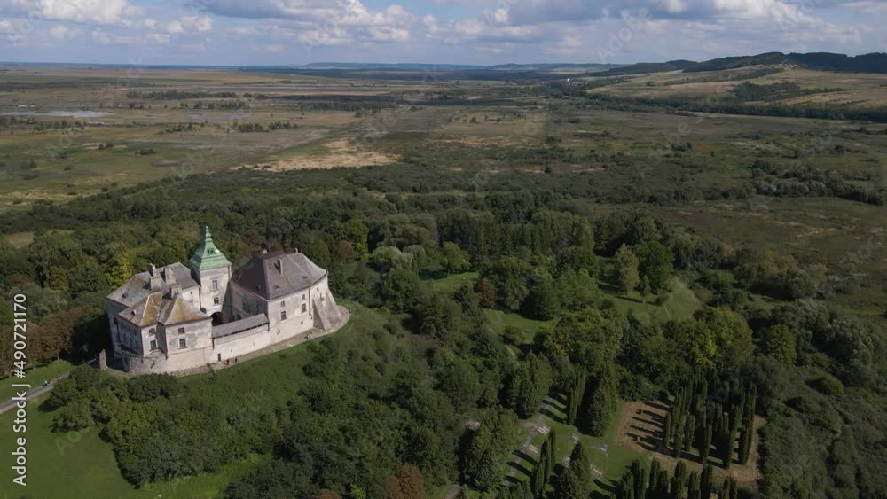 Old Olesky castle in Ukraine aerial view.