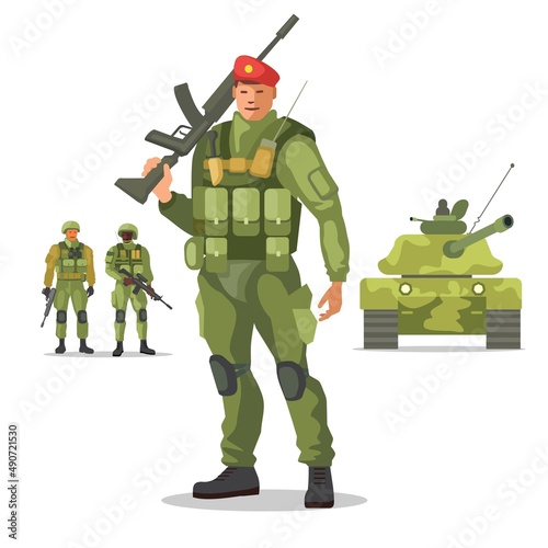 A tank and a group of soldiers standing next to it. The platoon commander and his soldiers. Isolated vector illustration