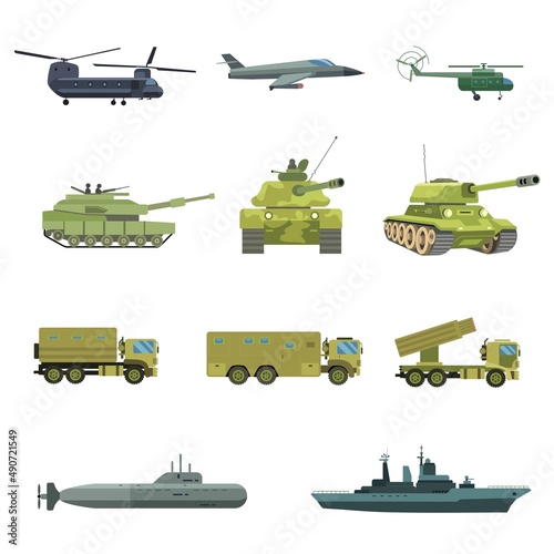 military transport and army vehicles isolated vector illustration icon set.
