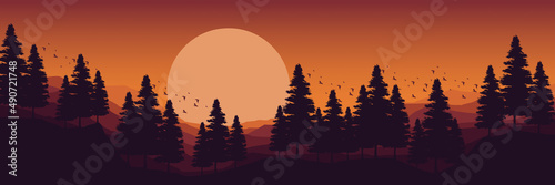sunrise in mountain landscape flat design vector illustration good for web banner, ads banner, tourism banner, wallpaper, background template, and adventure design backdrop