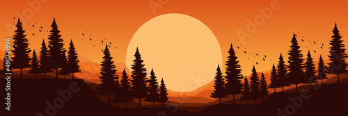 sunrise in mountain landscape flat design vector illustration good for web banner, ads banner, tourism banner, wallpaper, background template, and adventure design backdrop