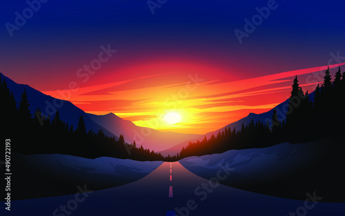sunset in the mountains with road