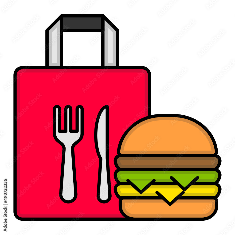Festival Promotion Concept, Fork and knife printed take away paper hand Carry bag vector color icon design, Retail Food delivery service symbol, Touch less Meal Courier Sign, Grocery pickup stock  