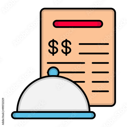 Pay Your Lunch Bill Concept, silver dish cover with Invoice vector color icon design, Retail Food delivery service symbol, Touch less Meal Courier Sign, Grocery pickup stock illustration