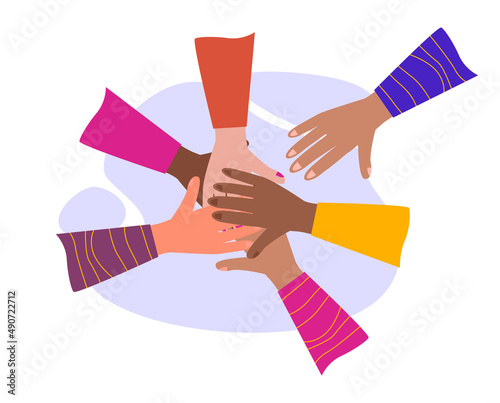 Unity concept. Different people unite together. Join hands and pieces