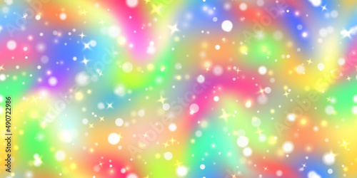 Iridescent neon rainbow holographic seamless pattern with glitter and stars. Vibrant background in 80s and 90s style. Tie dye art gradient effect. Unicorn wallpaper. Fairy tale backdrop.