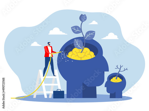 businessman Watering plants with Big head human think growth mindset different fixed mindset concept vector