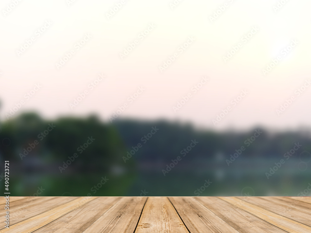 Wood table and green garden forest background for show product or graphics design.