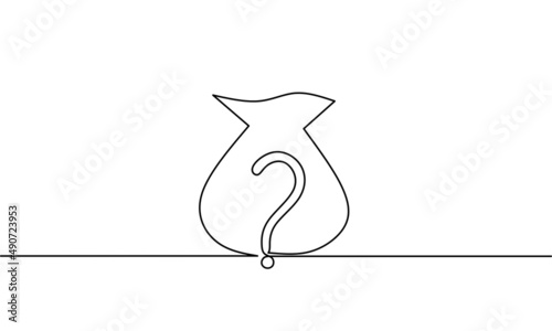 Continuous line drawing of money bag with question mark, business growth, hand drawn, object one line, single line art, vector illustration