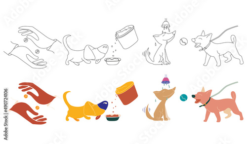 Vector illustration  icons for dog care service in color and line  walking  grooming  feeding  payment for services