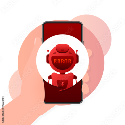 Error chatbot glyph icon. Silhouette symbol. Talkbot with error in speech bubble. Error bot. Artificial intelligence